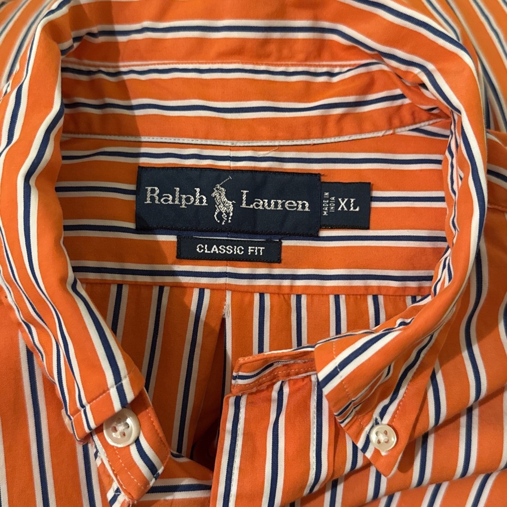 Polo Ralph Lauren Shirt Men's XL Classic Fit Orange / Blue Striped Preppy - Picture 6 of 7